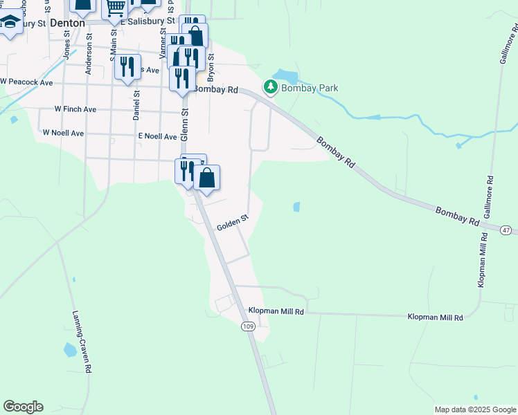 map of restaurants, bars, coffee shops, grocery stores, and more near 215 Golden Street in Denton