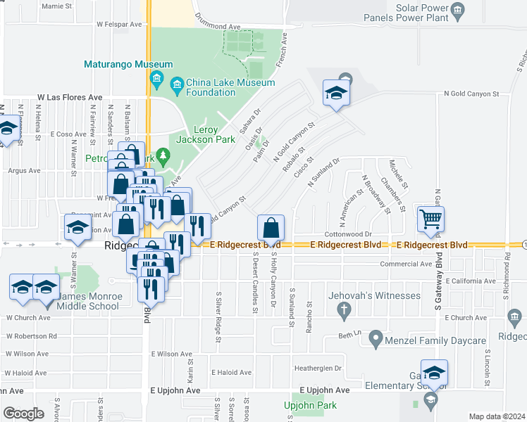 map of restaurants, bars, coffee shops, grocery stores, and more near 233 Cisco Street in Ridgecrest