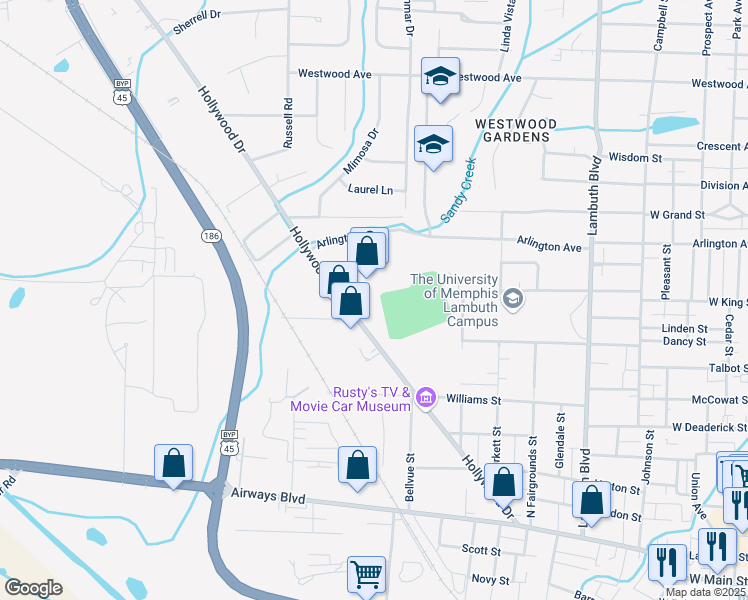 map of restaurants, bars, coffee shops, grocery stores, and more near 406 Hollywood Drive in Jackson