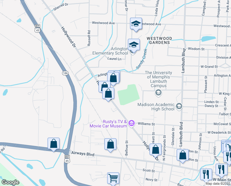 map of restaurants, bars, coffee shops, grocery stores, and more near 406 Hollywood Drive in Jackson