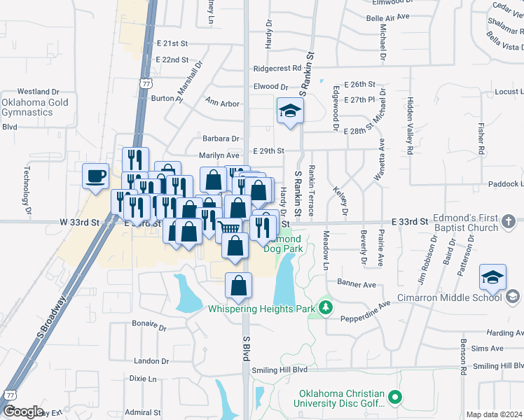 map of restaurants, bars, coffee shops, grocery stores, and more near 3234 South Boulevard in Edmond