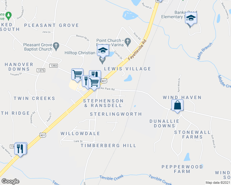 map of restaurants, bars, coffee shops, grocery stores, and more near 2320 Brasswynd Court in Fuquay Varina