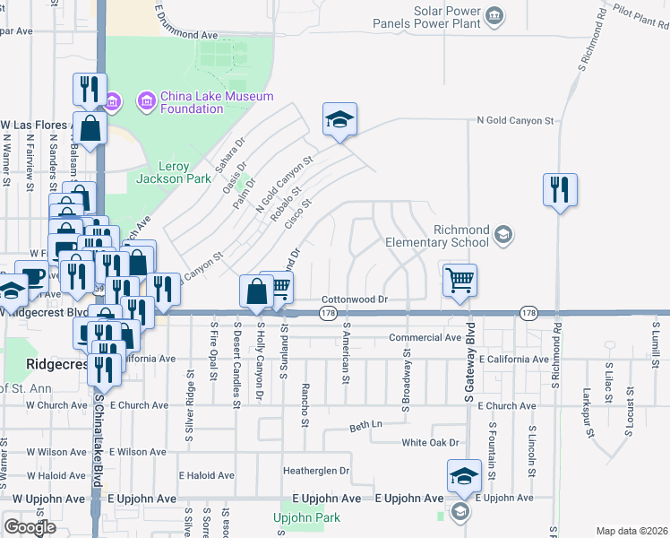 map of restaurants, bars, coffee shops, grocery stores, and more near 120 Rawhide Lane in Ridgecrest