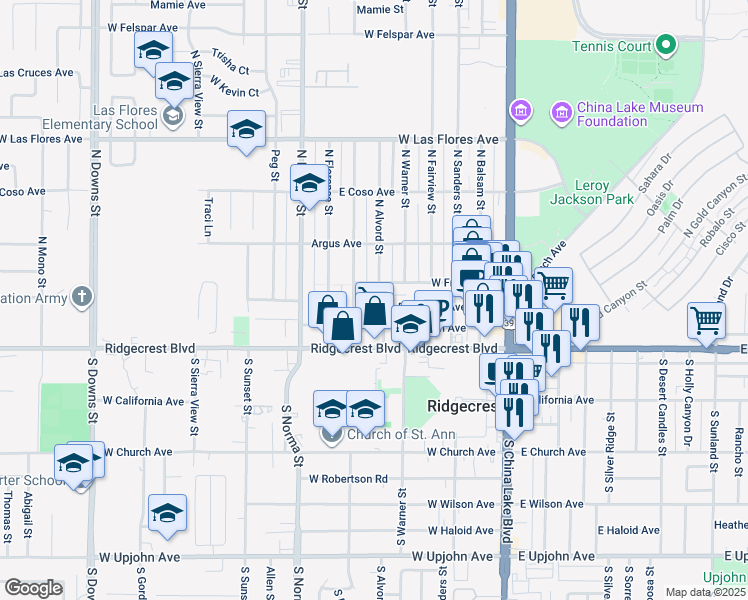 map of restaurants, bars, coffee shops, grocery stores, and more near 312 West Station Avenue in Ridgecrest