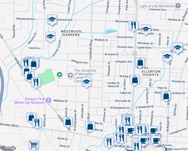 map of restaurants, bars, coffee shops, grocery stores, and more near 324 Linden Street in Jackson