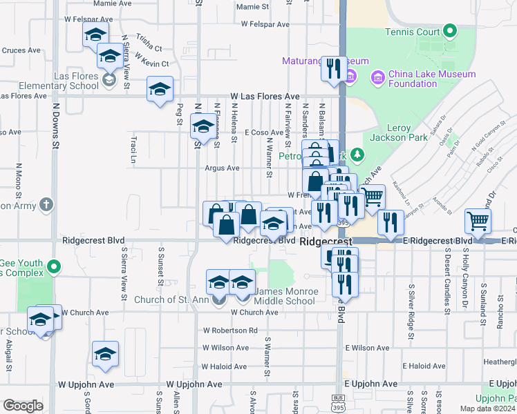 map of restaurants, bars, coffee shops, grocery stores, and more near 308 Panamint Avenue in Ridgecrest