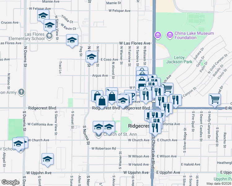 map of restaurants, bars, coffee shops, grocery stores, and more near 312 West Station Avenue in Ridgecrest