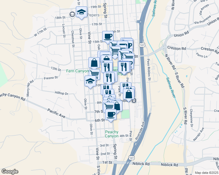 map of restaurants, bars, coffee shops, grocery stores, and more near 943 Spring St in Paso Robles