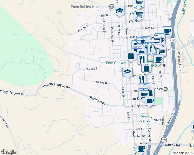 map of restaurants, bars, coffee shops, grocery stores, and more near 215 Hilltop Drive in Paso Robles