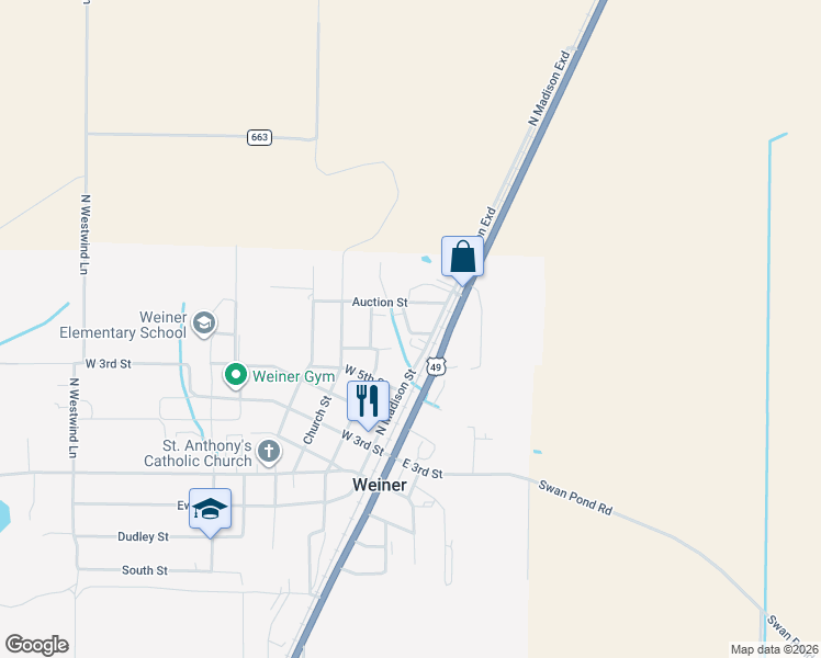 map of restaurants, bars, coffee shops, grocery stores, and more near 136 Auction Street in Weiner
