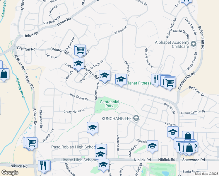 map of restaurants, bars, coffee shops, grocery stores, and more near 900 Creston Road in Paso Robles