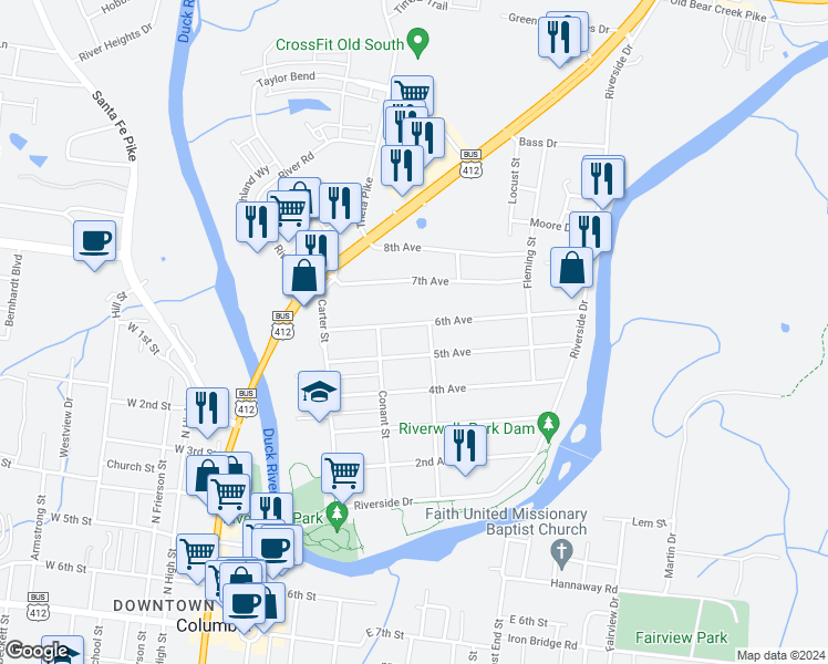 map of restaurants, bars, coffee shops, grocery stores, and more near 301 6th Avenue in Columbia