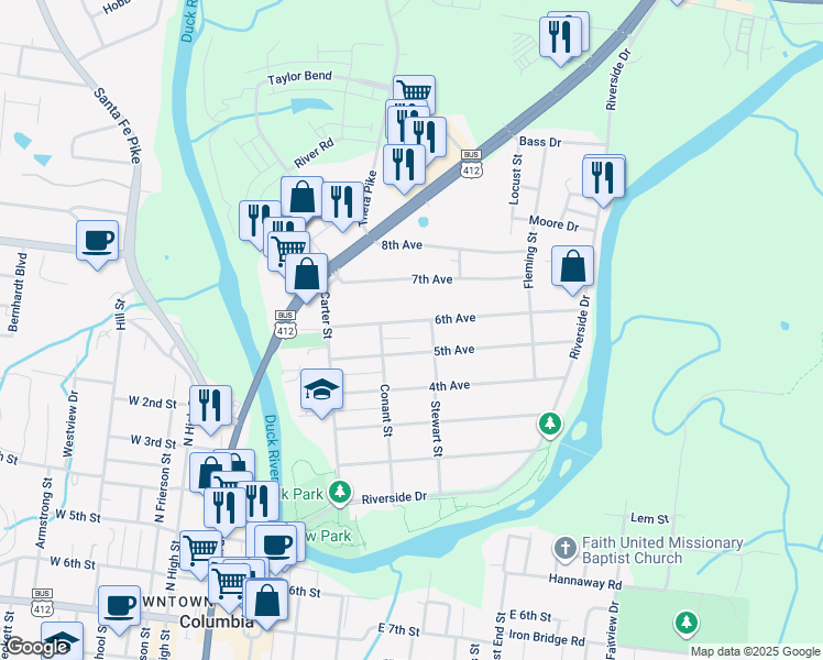 map of restaurants, bars, coffee shops, grocery stores, and more near 301 6th Avenue in Columbia