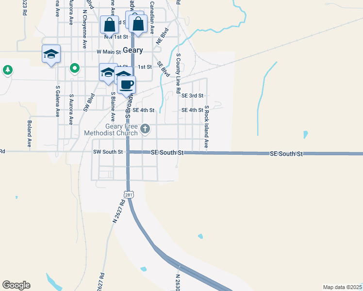 map of restaurants, bars, coffee shops, grocery stores, and more near 616 South County Line Road in Geary