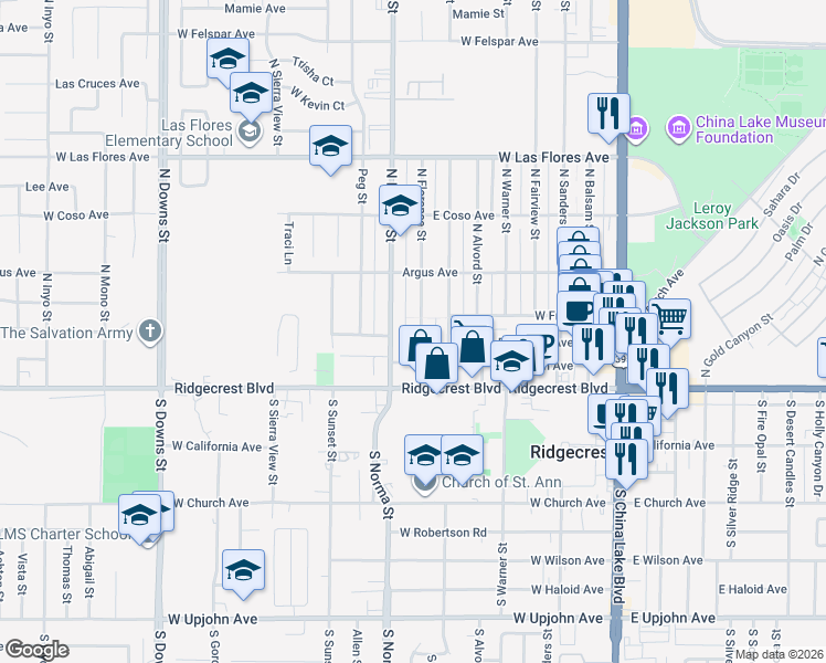 map of restaurants, bars, coffee shops, grocery stores, and more near 237 North Florence Street in Ridgecrest
