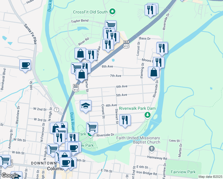 map of restaurants, bars, coffee shops, grocery stores, and more near 212 6th Avenue in Columbia