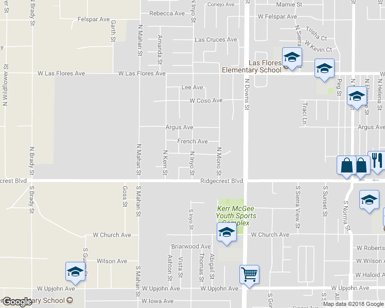 map of restaurants, bars, coffee shops, grocery stores, and more near 198 North Inyo Street in Ridgecrest