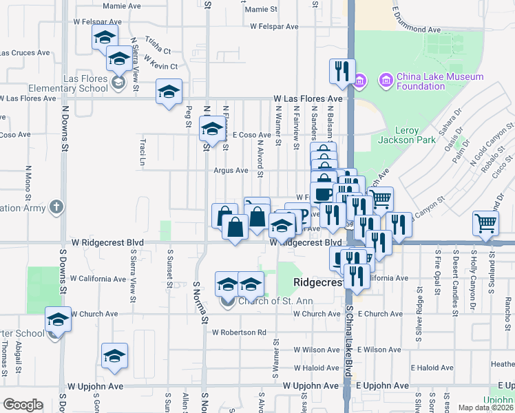 map of restaurants, bars, coffee shops, grocery stores, and more near 205 North Alvord Street in Ridgecrest