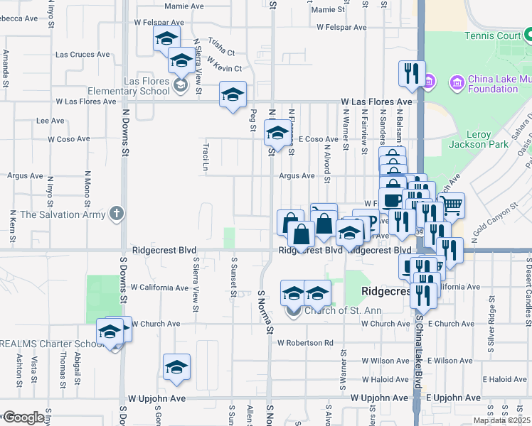 map of restaurants, bars, coffee shops, grocery stores, and more near 219 North Norma Street in Ridgecrest