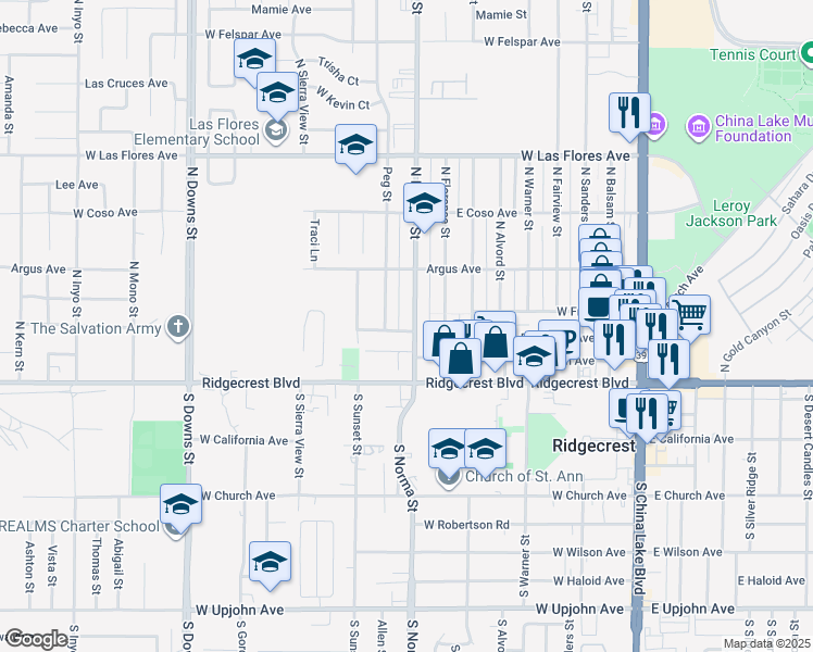 map of restaurants, bars, coffee shops, grocery stores, and more near 219 North Norma Street in Ridgecrest