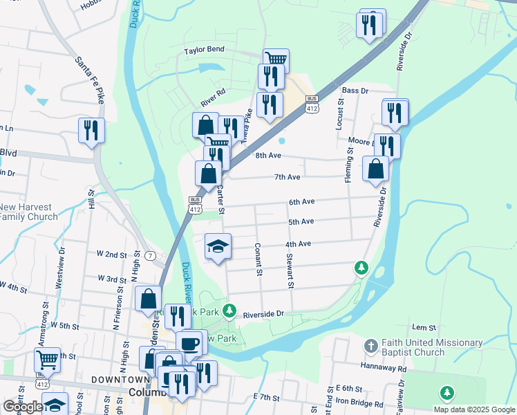 map of restaurants, bars, coffee shops, grocery stores, and more near 205 6th Avenue in Columbia