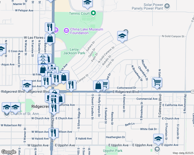 map of restaurants, bars, coffee shops, grocery stores, and more near 245 Robalo Street in Ridgecrest