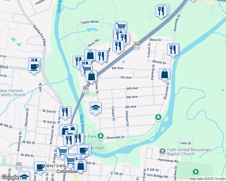 map of restaurants, bars, coffee shops, grocery stores, and more near 205 6th Avenue in Columbia