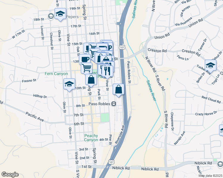 map of restaurants, bars, coffee shops, grocery stores, and more near 1020 Pine Street in Paso Robles