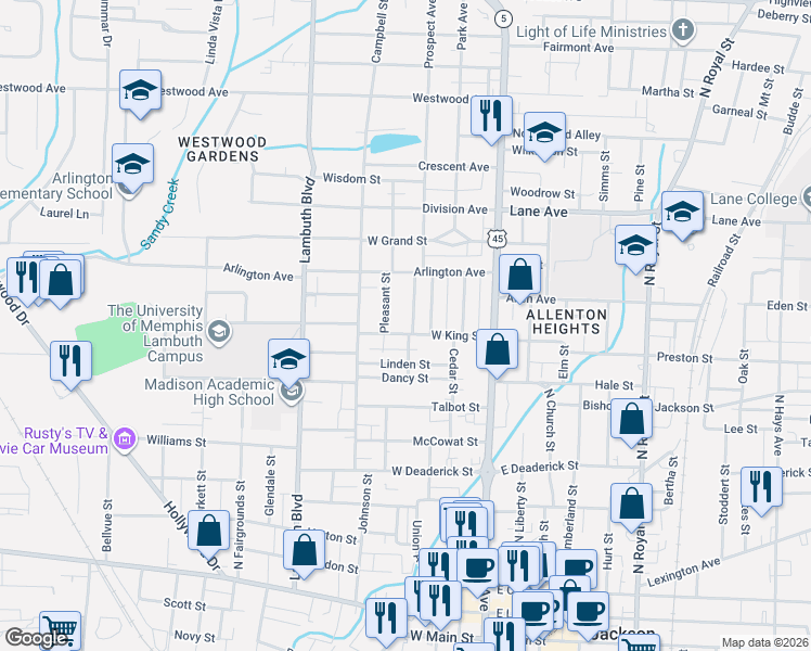map of restaurants, bars, coffee shops, grocery stores, and more near 239 Prospect Avenue in Jackson