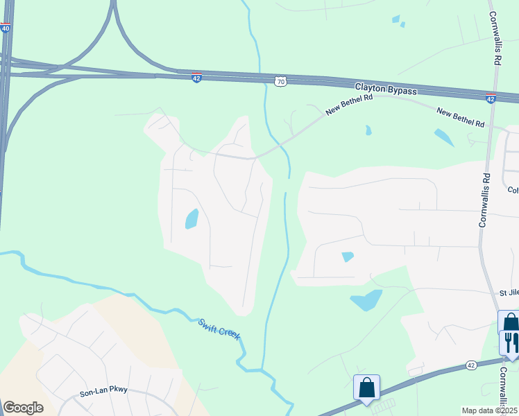 map of restaurants, bars, coffee shops, grocery stores, and more near 95 North Ringneck Place in Garner