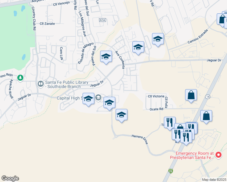 map of restaurants, bars, coffee shops, grocery stores, and more near 4551 Paseo del Sol in Santa Fe