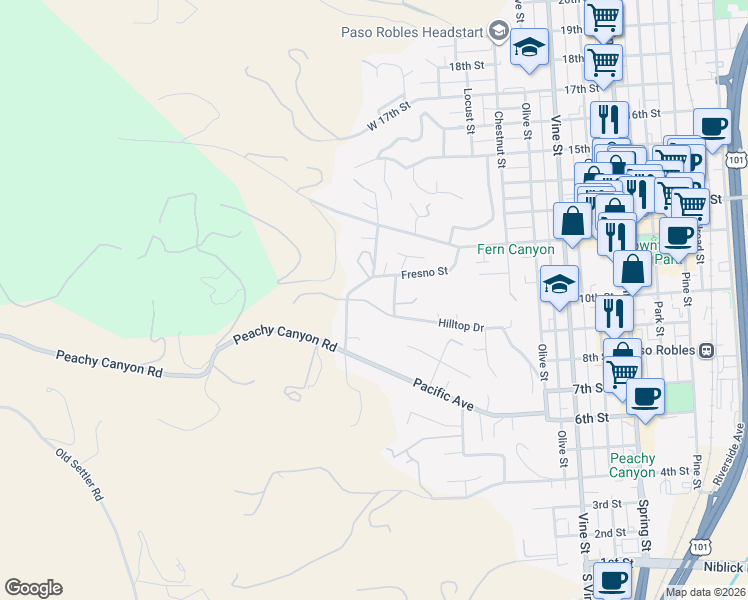 map of restaurants, bars, coffee shops, grocery stores, and more near 28 Fresno Street in Paso Robles
