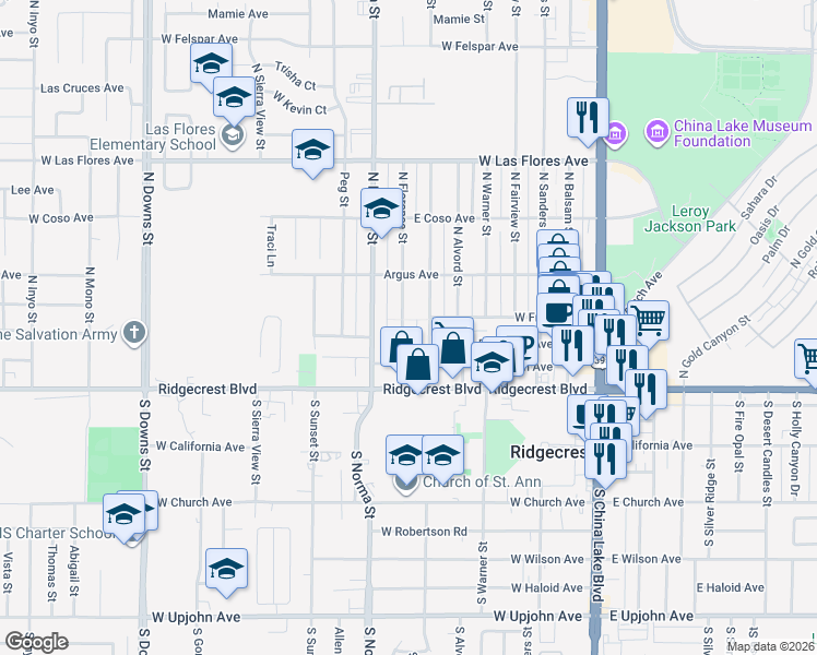 map of restaurants, bars, coffee shops, grocery stores, and more near 224 North Florence Street in Ridgecrest
