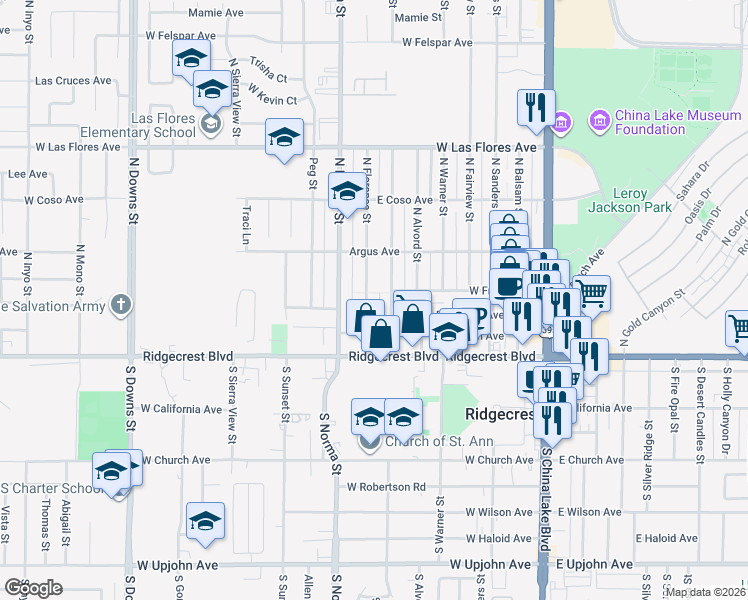 map of restaurants, bars, coffee shops, grocery stores, and more near 224 North Florence Street in Ridgecrest