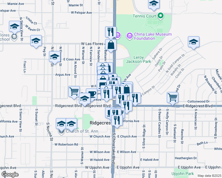 map of restaurants, bars, coffee shops, grocery stores, and more near 207 North China Lake Boulevard in Ridgecrest