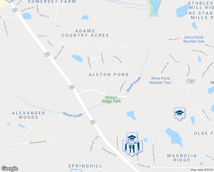 map of restaurants, bars, coffee shops, grocery stores, and more near 2412 Averon Drive in Holly Springs
