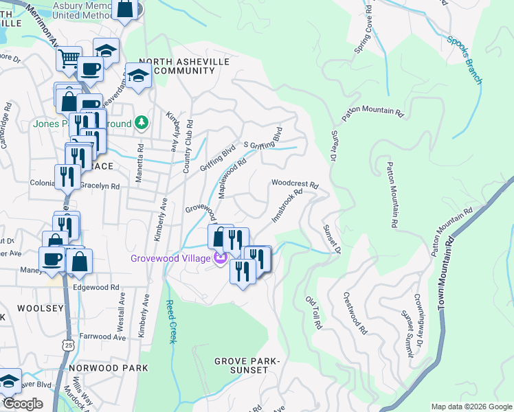map of restaurants, bars, coffee shops, grocery stores, and more near 4 Northwood Road in Asheville