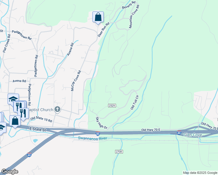 map of restaurants, bars, coffee shops, grocery stores, and more near 49 Sesslar Road in Black Mountain