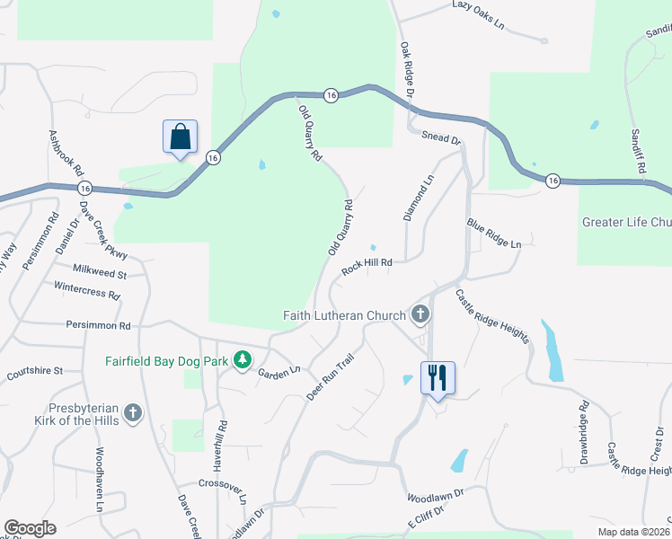 map of restaurants, bars, coffee shops, grocery stores, and more near 212 Rock Hill Road in Fairfield Bay