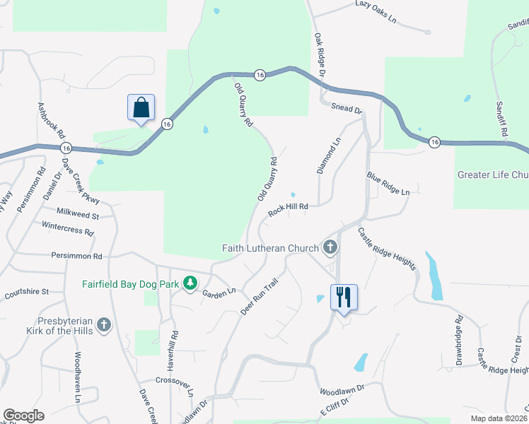 map of restaurants, bars, coffee shops, grocery stores, and more near 212 Rock Hill Road in Fairfield Bay