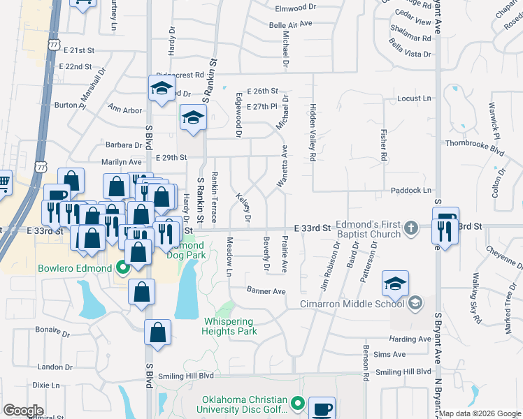 map of restaurants, bars, coffee shops, grocery stores, and more near 3113 Beverly Drive in Edmond