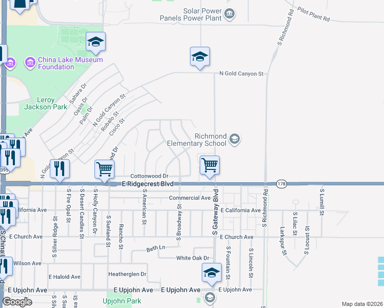 map of restaurants, bars, coffee shops, grocery stores, and more near 204 North Gwen Drive in Ridgecrest