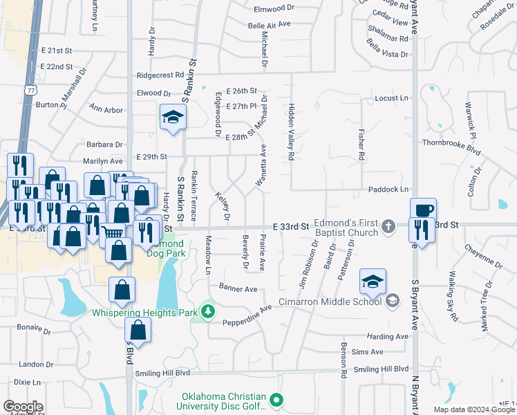 map of restaurants, bars, coffee shops, grocery stores, and more near 3117 Prairie Avenue in Edmond