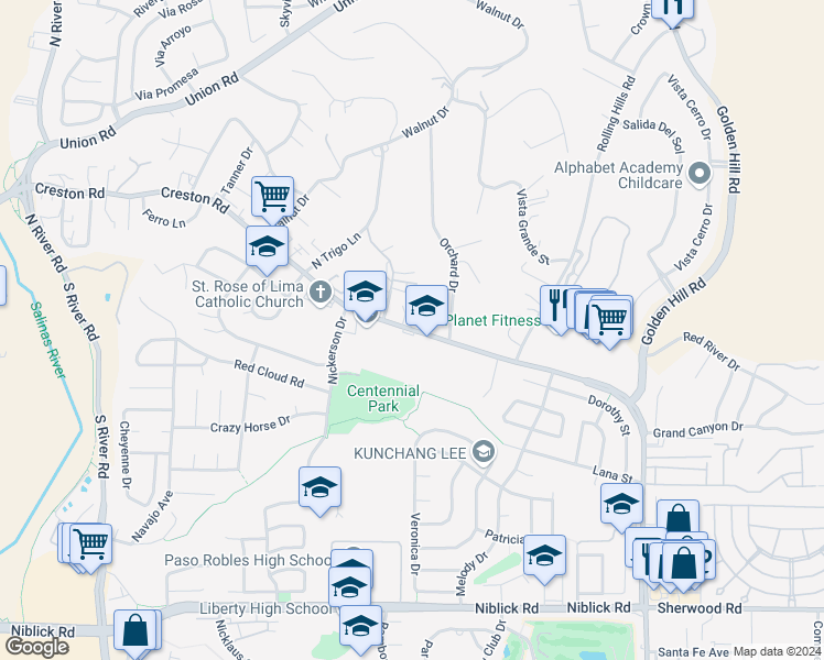 map of restaurants, bars, coffee shops, grocery stores, and more near 900 Creston Road in Paso Robles
