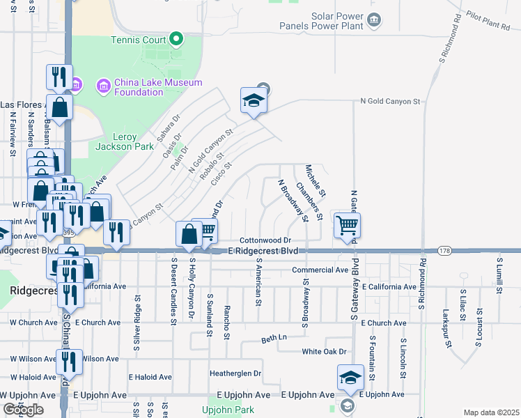 map of restaurants, bars, coffee shops, grocery stores, and more near 212 Apache Lane in Ridgecrest