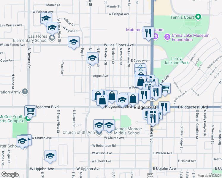 map of restaurants, bars, coffee shops, grocery stores, and more near 224 North Helena Street in Ridgecrest