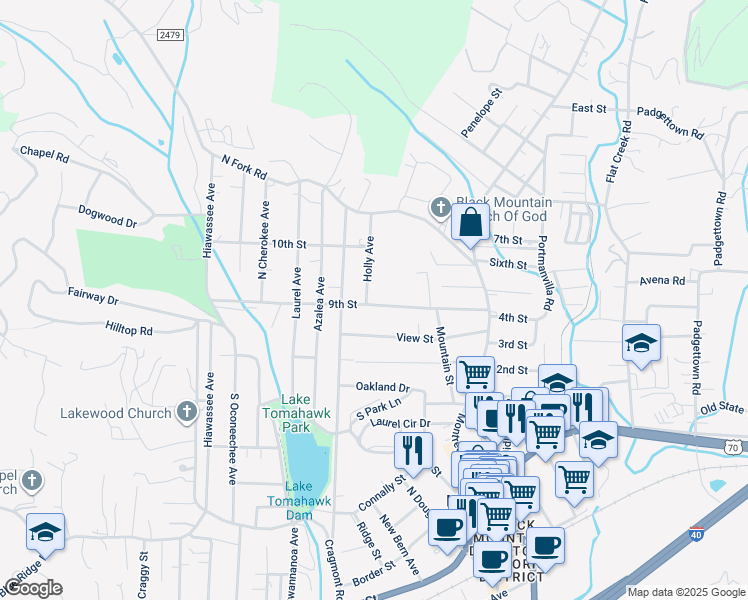 map of restaurants, bars, coffee shops, grocery stores, and more near 106 Holly Avenue in Black Mountain