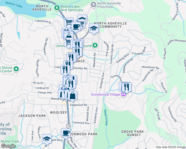 map of restaurants, bars, coffee shops, grocery stores, and more near 99999 Gracelyn Road in Asheville