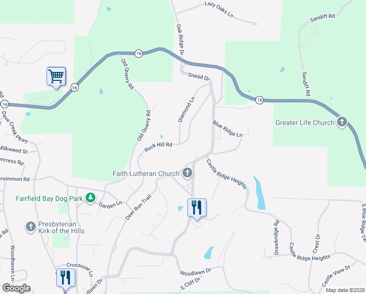 map of restaurants, bars, coffee shops, grocery stores, and more near 145 Diamond Lane in Fairfield Bay