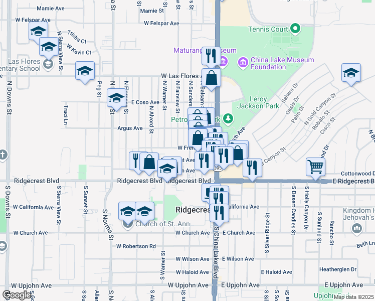 map of restaurants, bars, coffee shops, grocery stores, and more near 201 West French Avenue in Ridgecrest